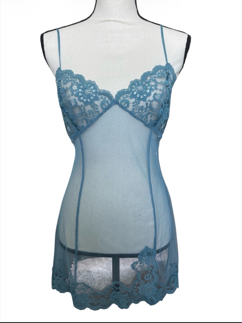 Vintage Victoria's Secret Teal Lace Sheer Slip Chemise